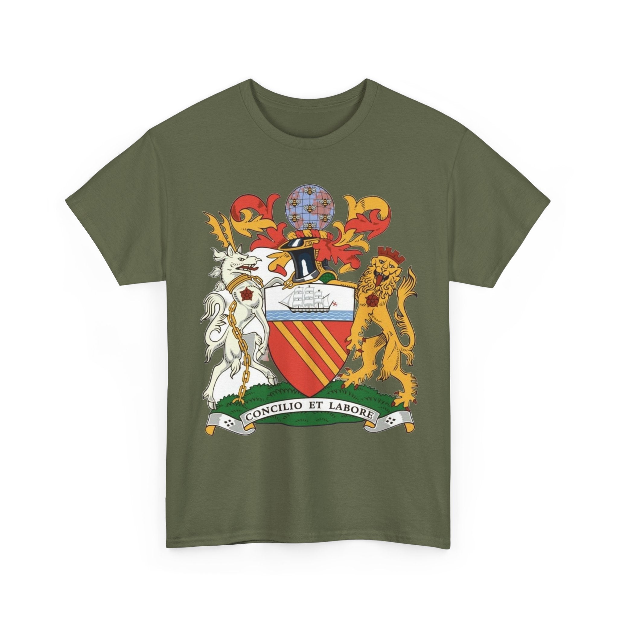 Manchester Coat of Arms Crest T‑Shirt — Heraldic Family Shield Tee with 'Concilio et Labore' Banner