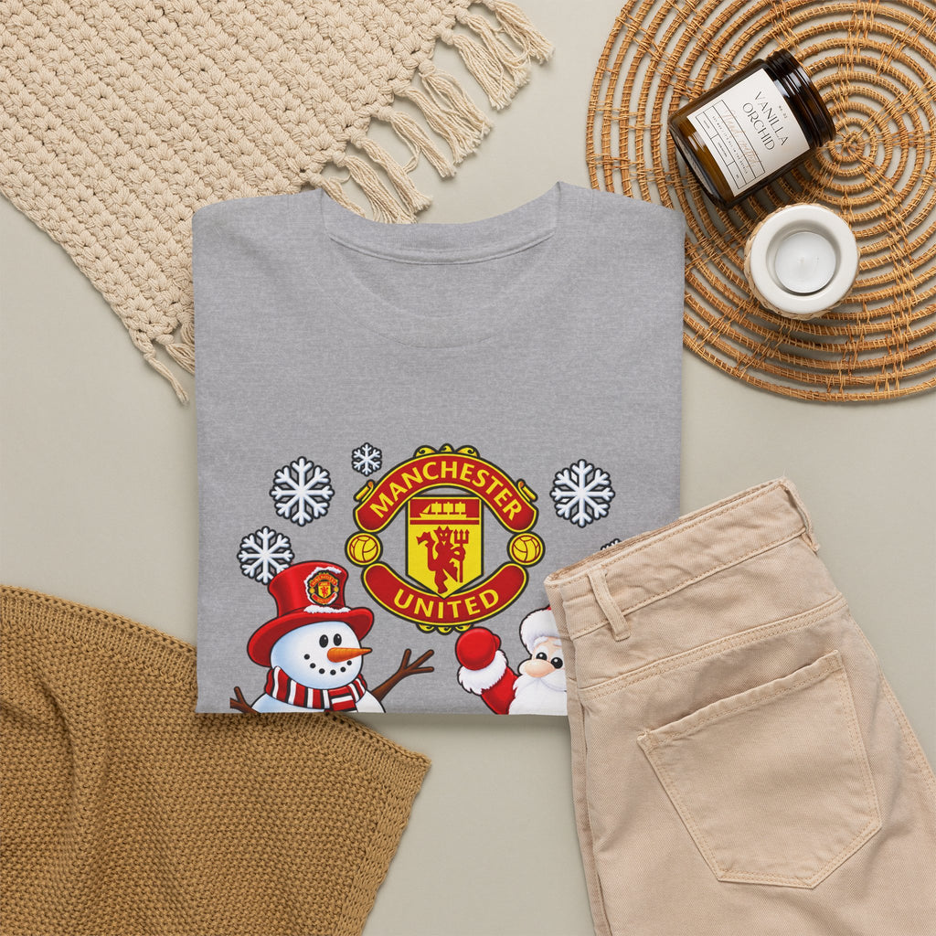 Manchester United Christmas Cotton Tee — Santa & Snowman Football Holiday Shirt