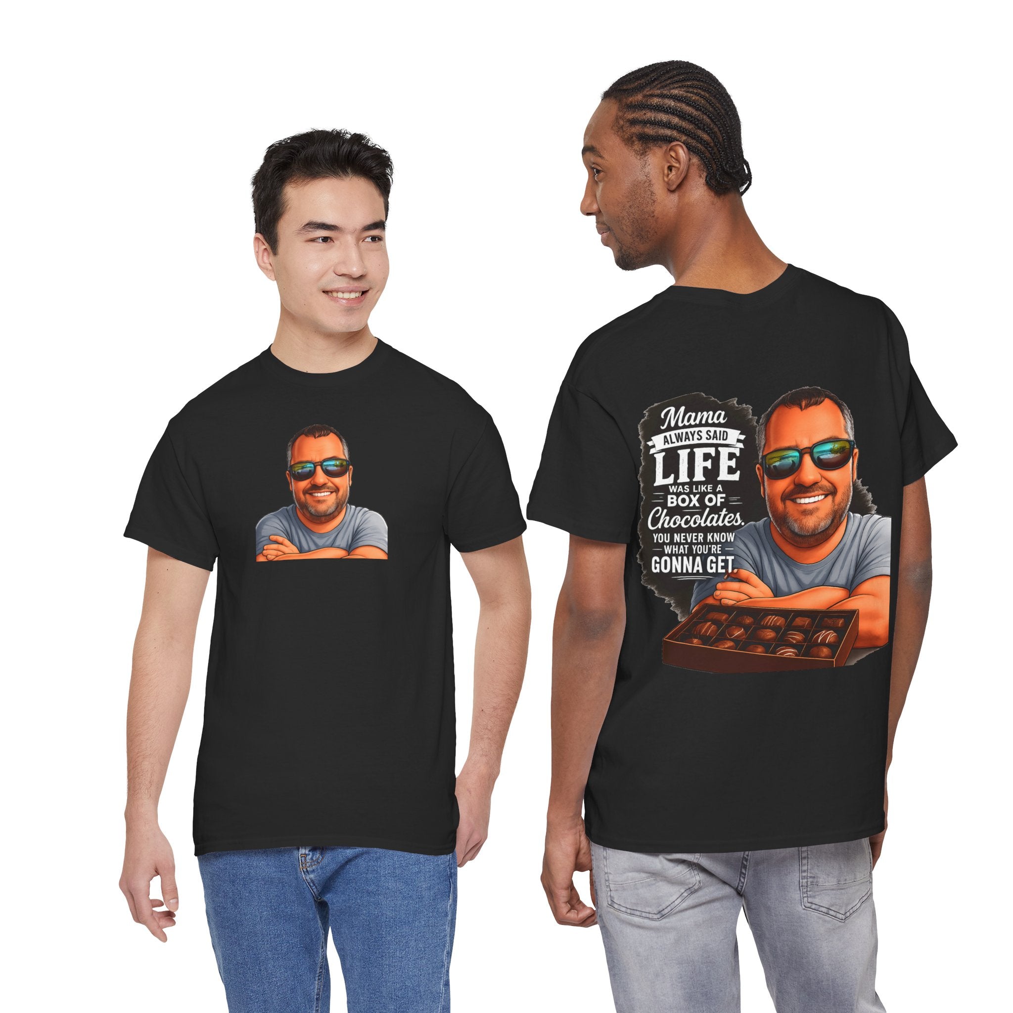 T-Shirt — "Mama Always Said Life Is Like A Box Of Chocolates" Graphic Tee (Funny Retro Portrait)