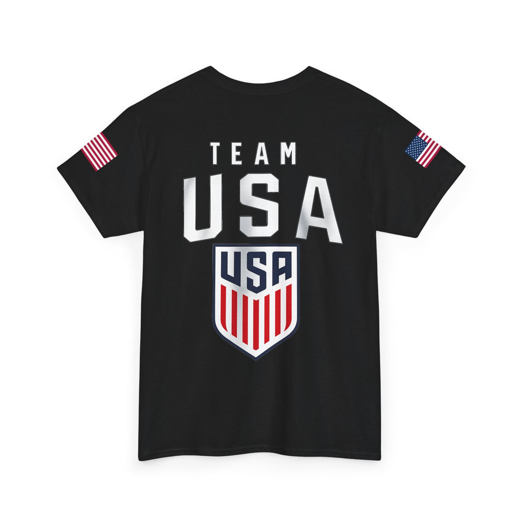 Team USA Flag T‑Shirt — Patriotic Navy Tee with Back Shield Logo