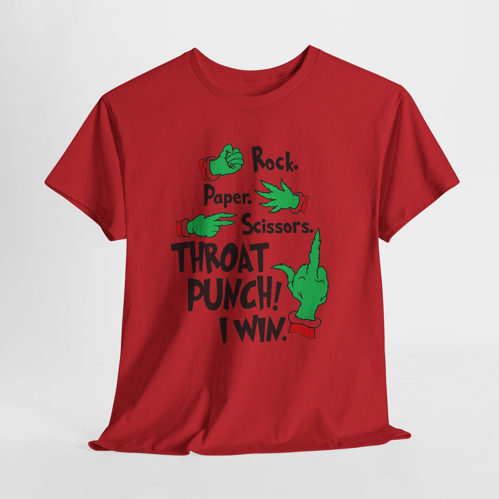 Funny Holiday Tee — "Rock. Paper. Scissors. Throat Punch! I Win" Graphic T-Shirt