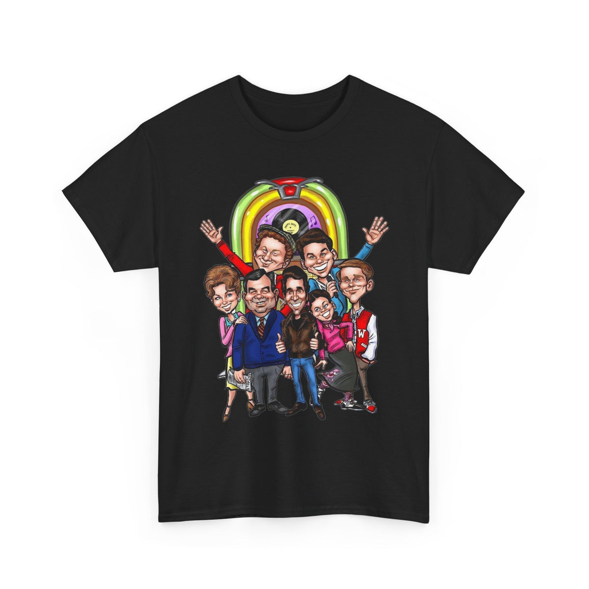 Happy Days Cast Caricature Tee — Retro 70s Sitcom Graphic T-Shirt