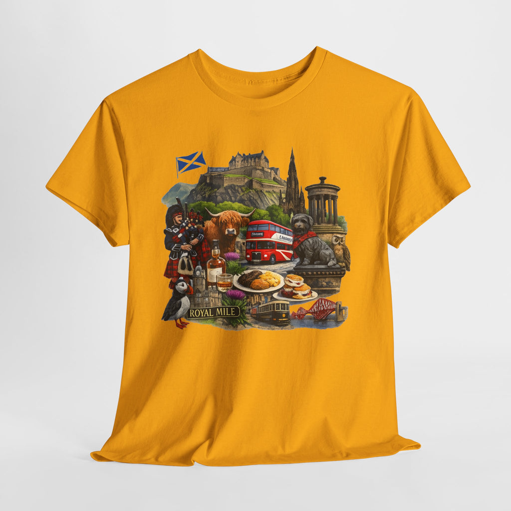 Scotland / Edinburgh Travel Collage T-Shirt — Edinburgh Castle, Bagpipes & Local Icons