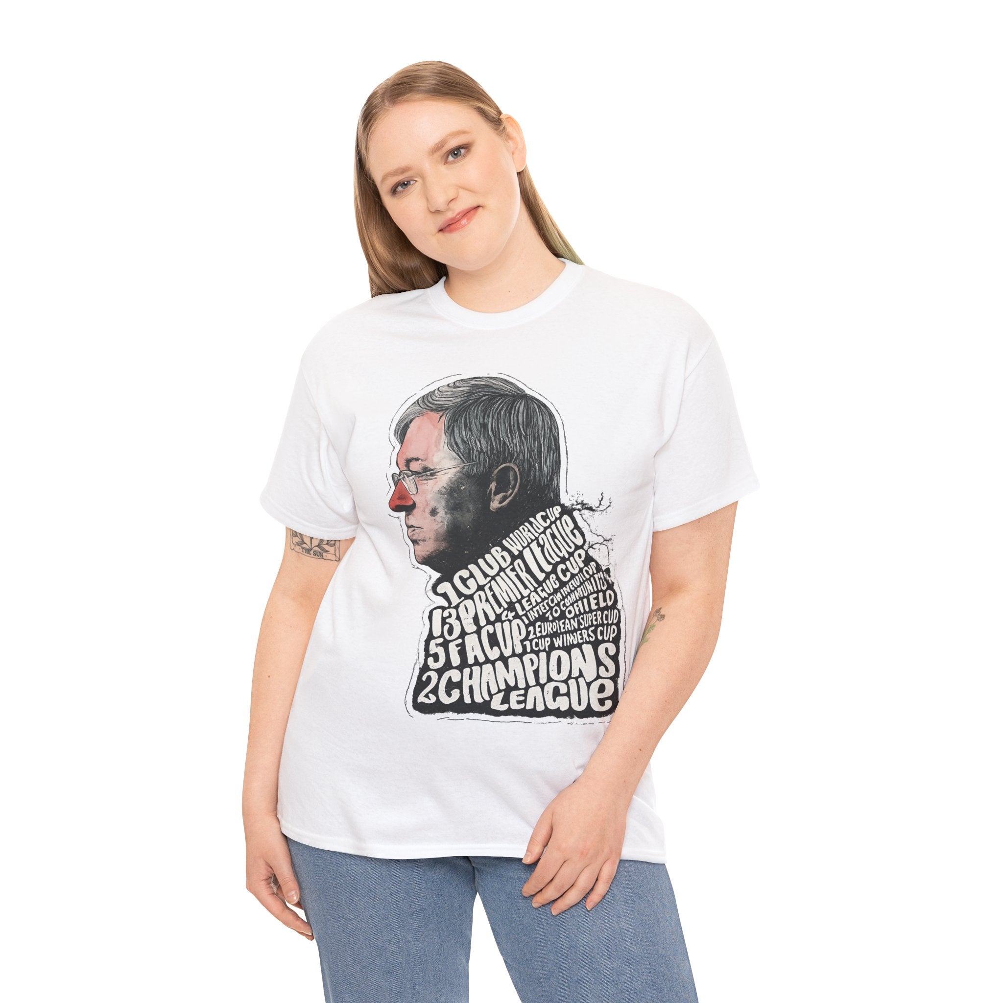 SIr Alex Ferguson Achievements Vintage Football Manager Profile Tee — Illustrated Head with Trophy Text Design