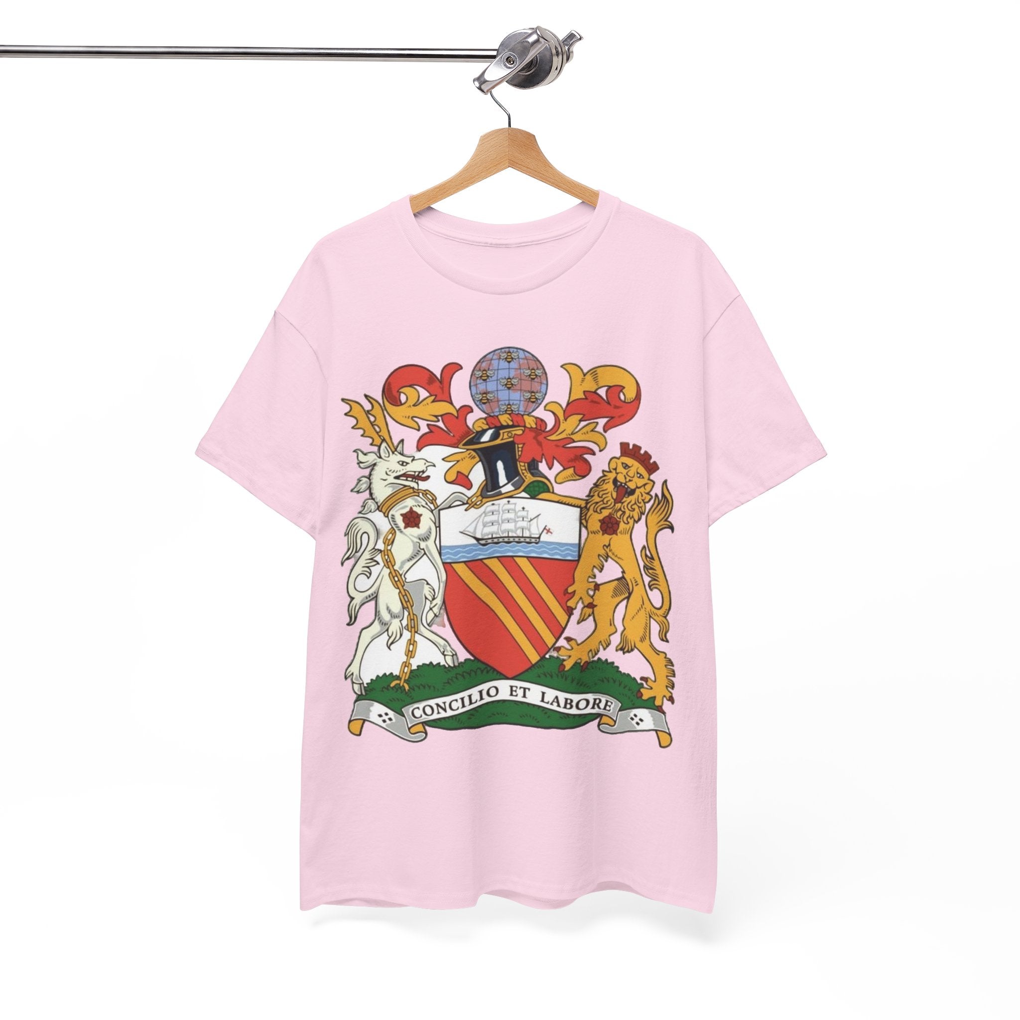 Manchester Coat of Arms Crest T‑Shirt — Heraldic Family Shield Tee with 'Concilio et Labore' Banner