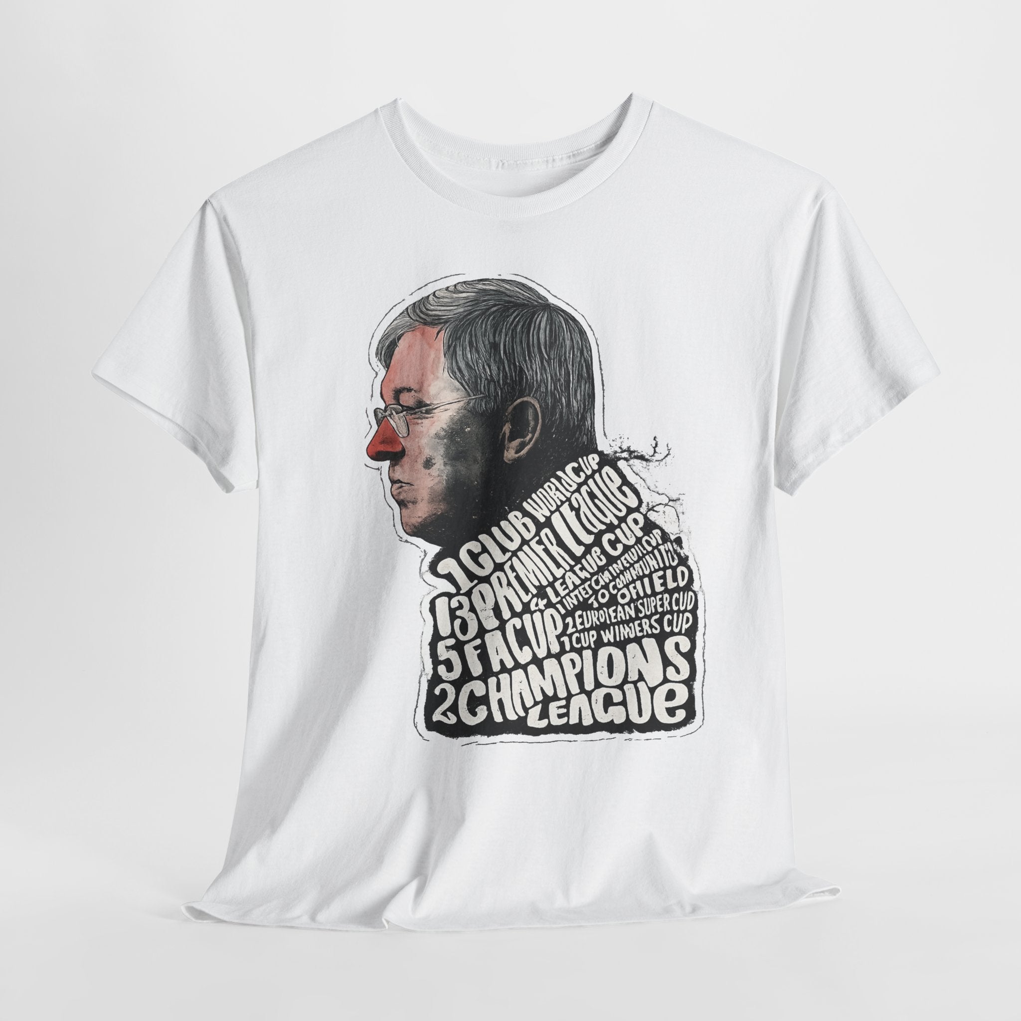 SIr Alex Ferguson Achievements Vintage Football Manager Profile Tee — Illustrated Head with Trophy Text Design