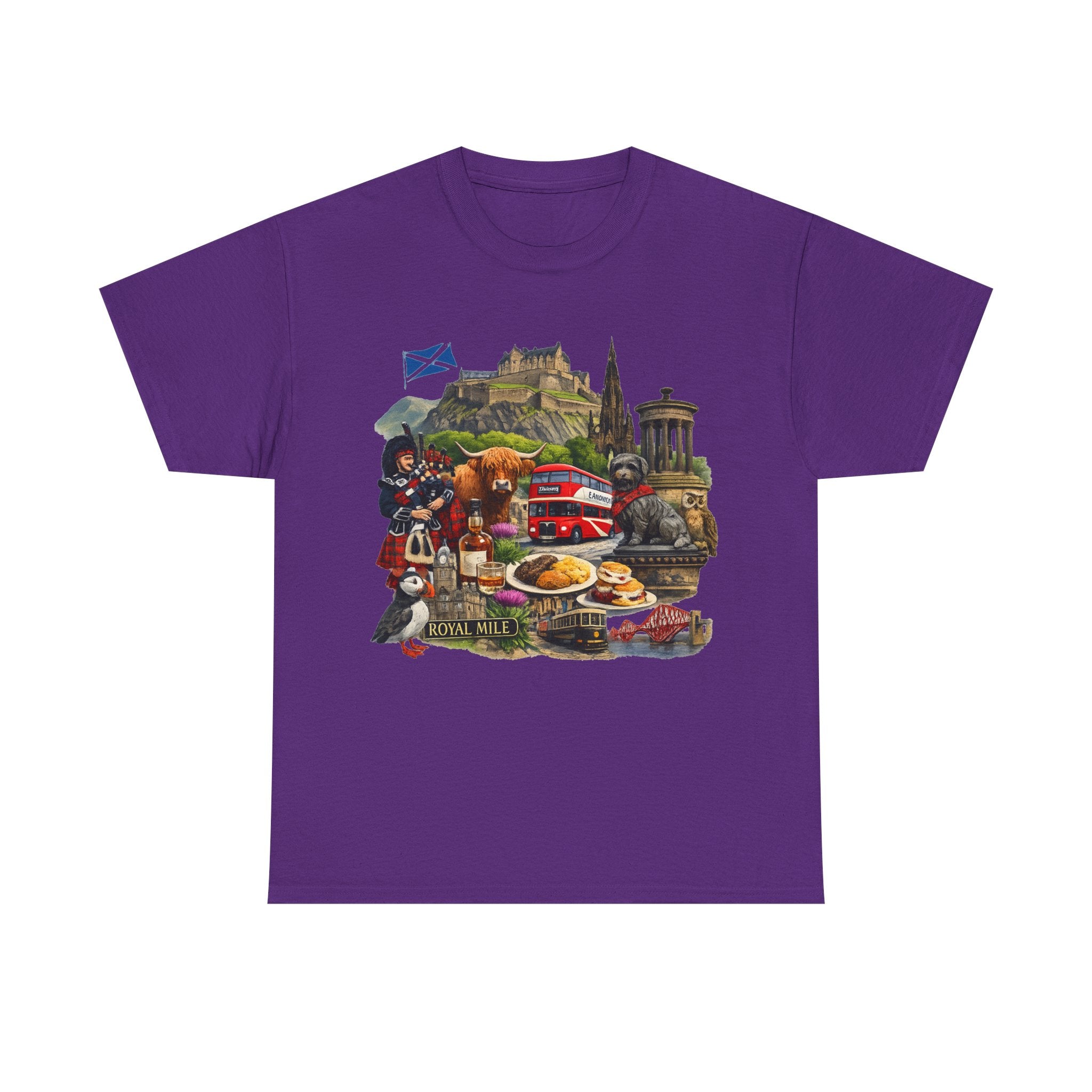 Scotland / Edinburgh Travel Collage T-Shirt — Edinburgh Castle, Bagpipes & Local Icons
