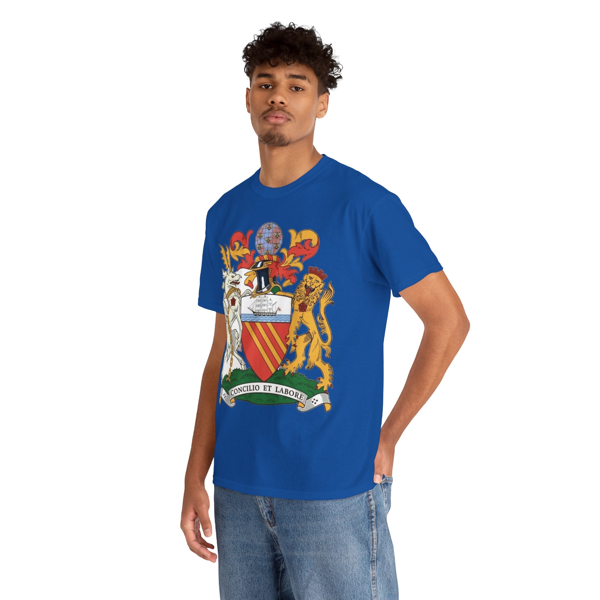 Manchester Coat of Arms Crest T‑Shirt — Heraldic Family Shield Tee with 'Concilio et Labore' Banner
