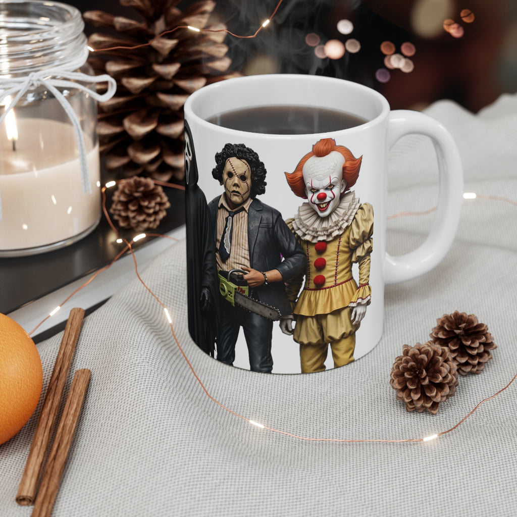 Horror Movie Villains Mug – Michael Myers, Freddy, Jason & Ghostface Ceramic Coffee Cup (11oz & 15oz)