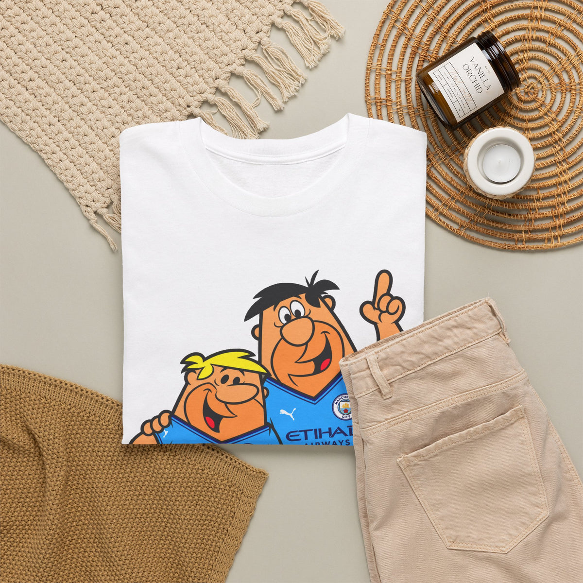 Manchester City The Flintstones Etihad Airways Cartoon Cotton T-Shirt