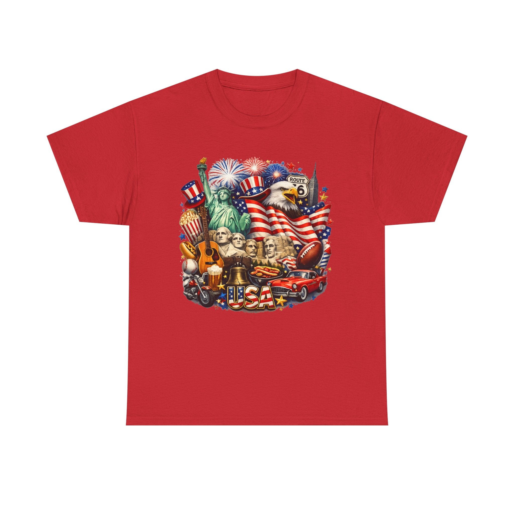 Patriotic USA Graphic Tee – American Flag, Statue of Liberty & Fireworks T-Shirt