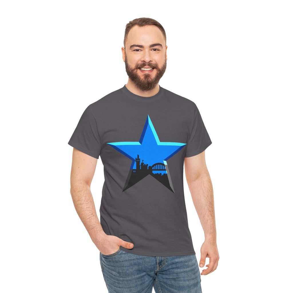Newcastle City Skyline Star Retro Cotton T-Shirt — Blue Star with Urban Skyline Graphic
