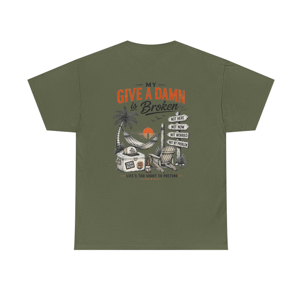 T-Shirt — “Too Old to Care” / “My Give a Damn is Broken” Vintage Beach Graphic Tee