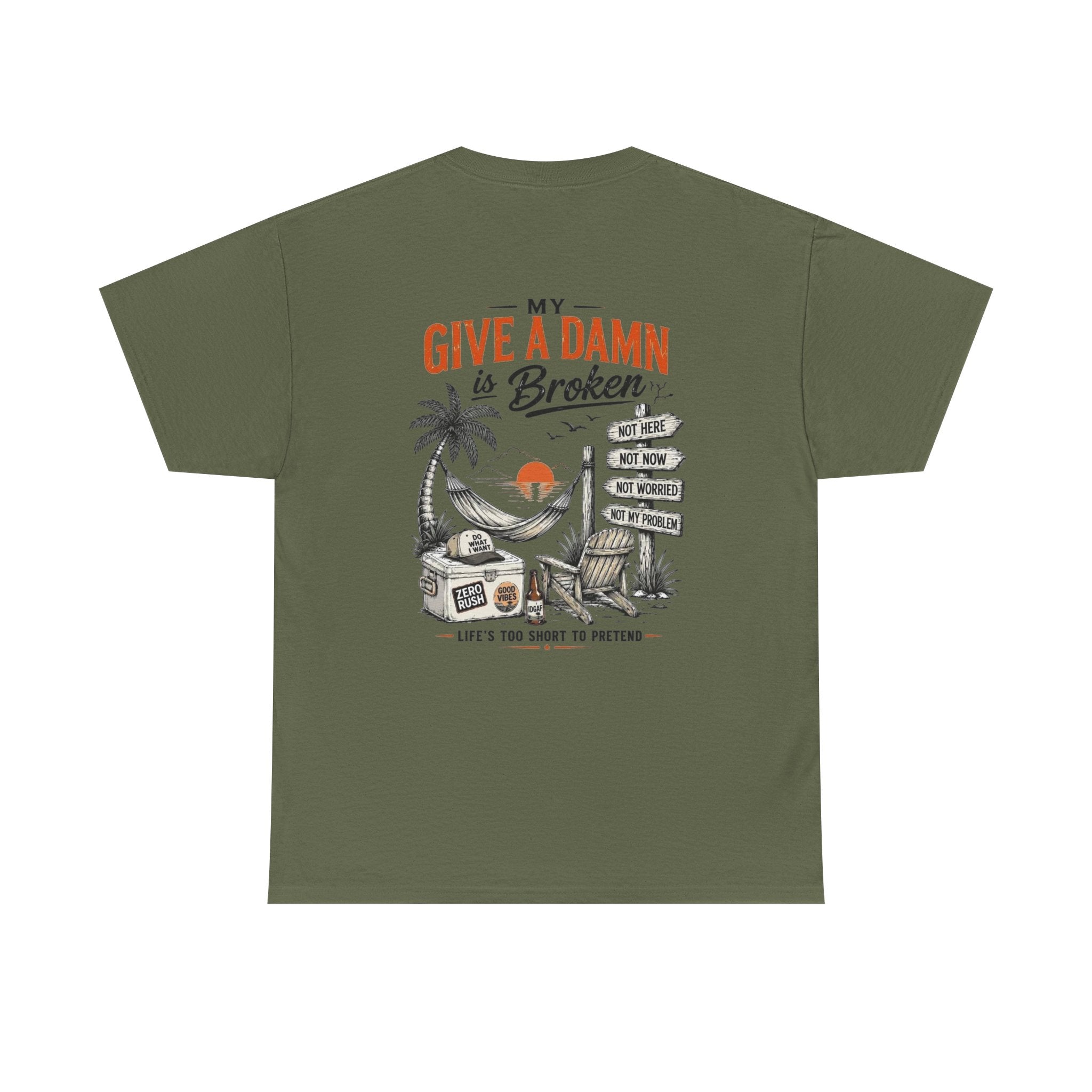 T-Shirt — “Too Old to Care” / “My Give a Damn is Broken” Vintage Beach Graphic Tee