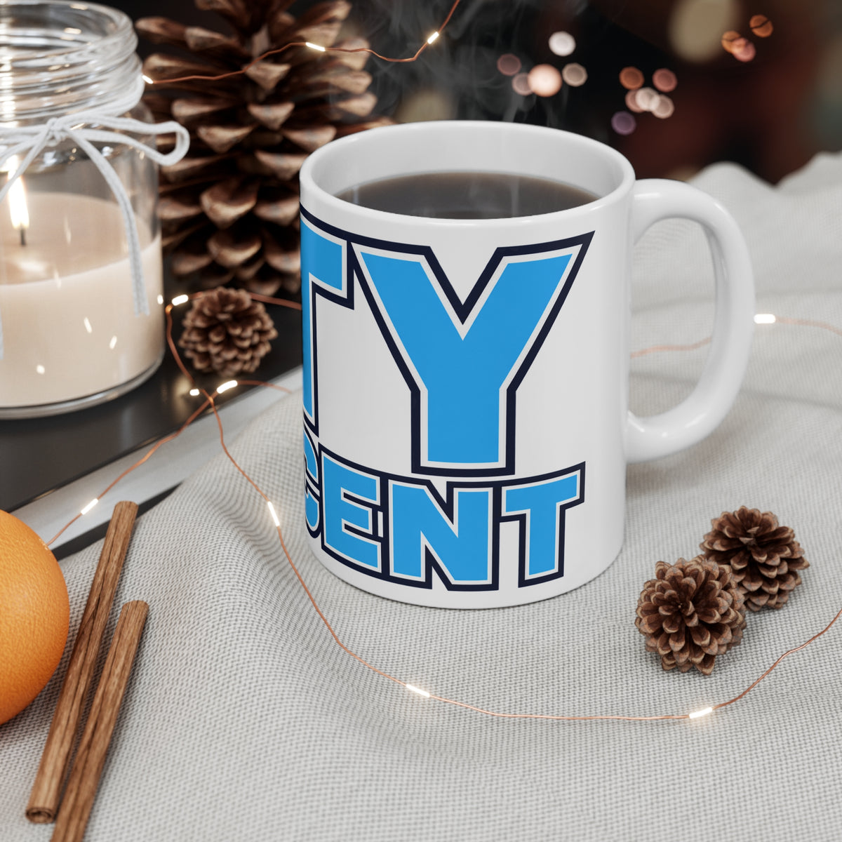 City Innocent Ceramic Coffee Mug — Bold Blue Graphic 11oz & 15oz