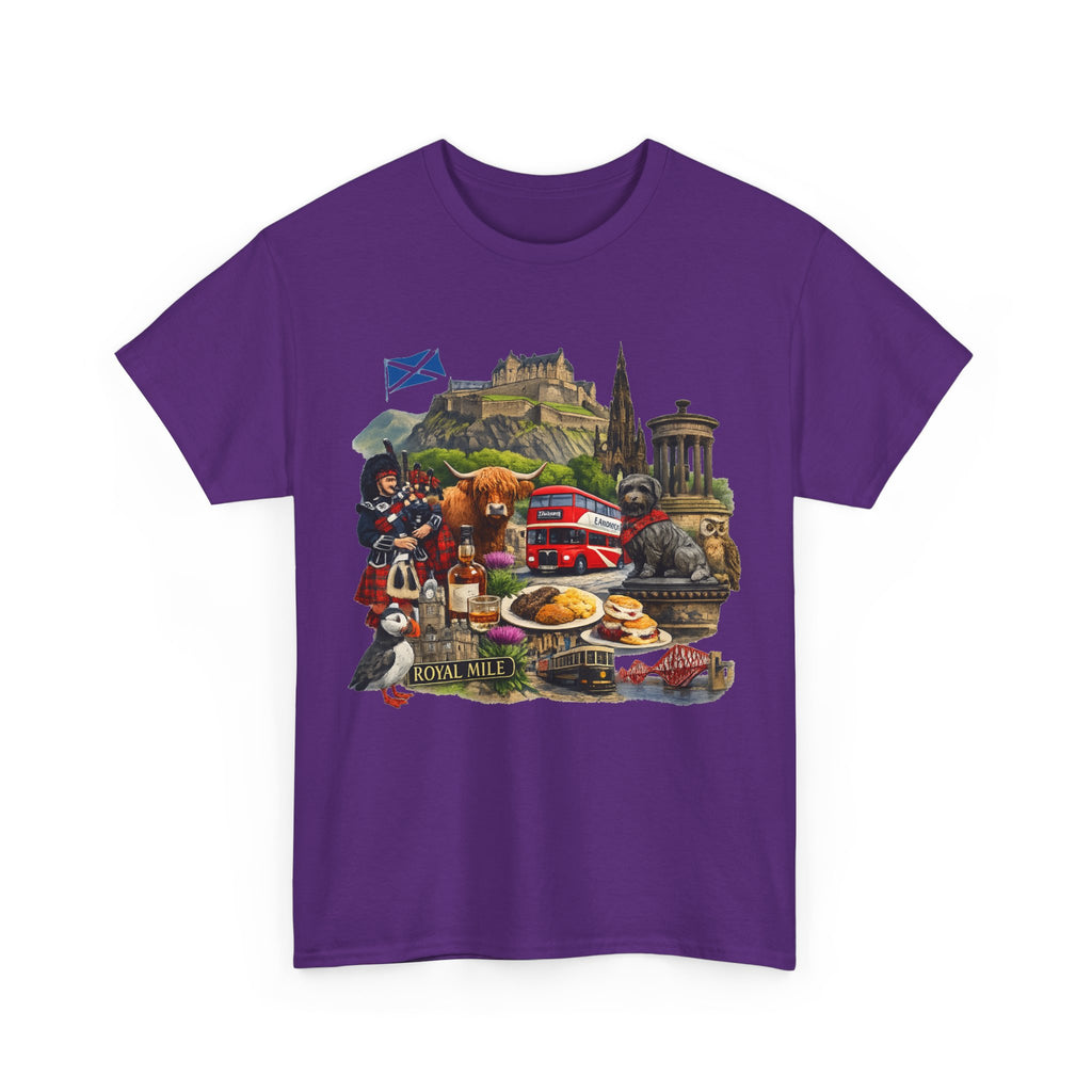 Scotland / Edinburgh Travel Collage T-Shirt — Edinburgh Castle, Bagpipes & Local Icons