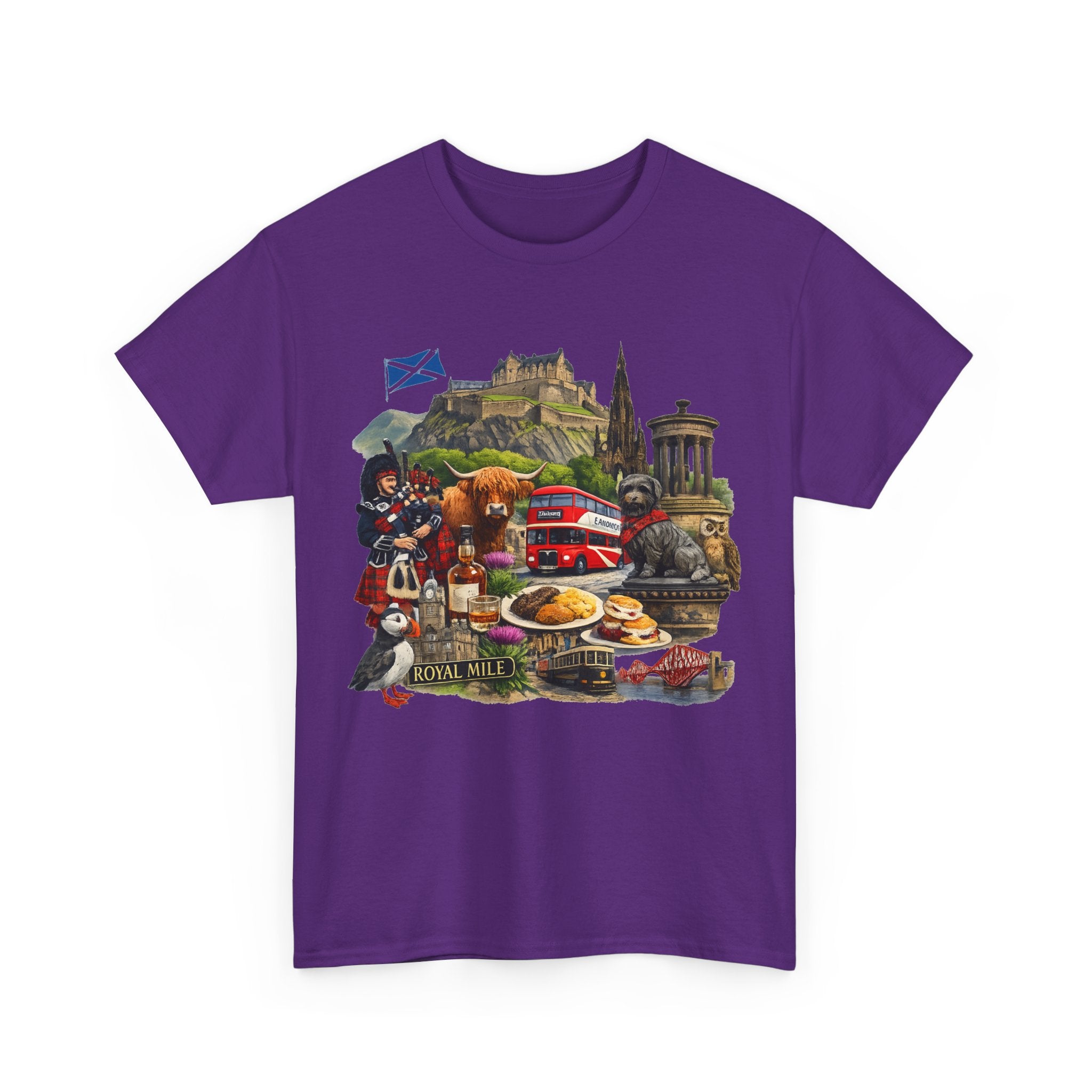 Scotland / Edinburgh Travel Collage T-Shirt — Edinburgh Castle, Bagpipes & Local Icons