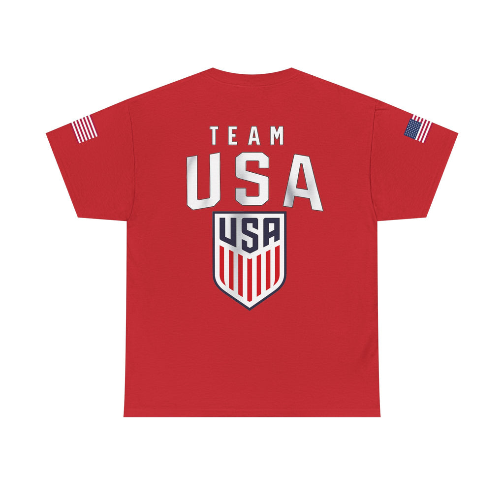 Team USA Flag T‑Shirt — Patriotic Navy Tee with Back Shield Logo