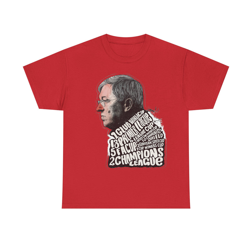 SIr Alex Ferguson Achievements Vintage Football Manager Profile Tee — Illustrated Head with Trophy Text Design