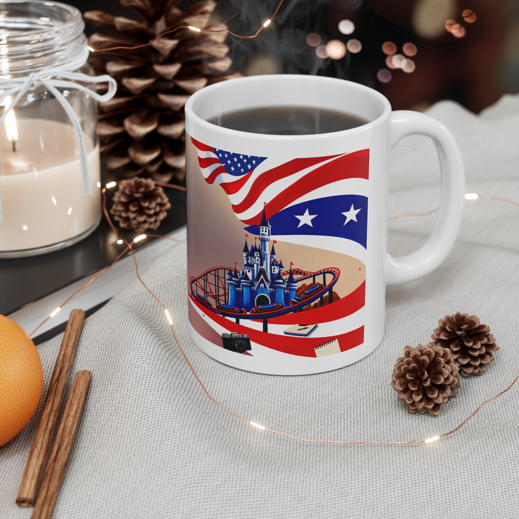 American Theme Park Coffee Mug — Patriotic Roller Coaster & Castle 11oz/15oz