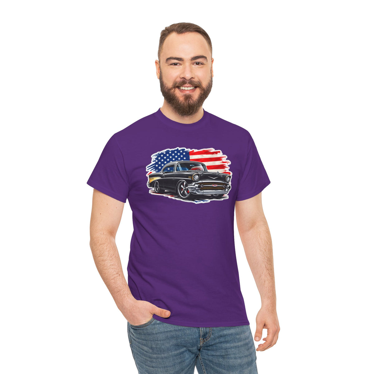 American Muscle Car T‑Shirt — Classic Vintage Car with USA Flag