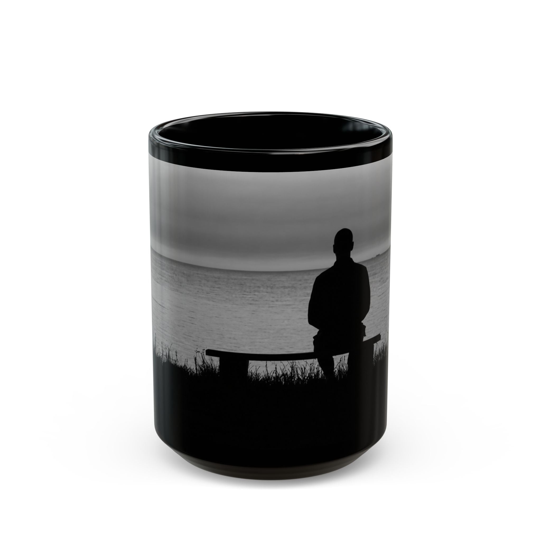 Silhouette by the Sea Black Coffee Mug — Reflective Ocean Sunset Gift (11oz, 15oz)