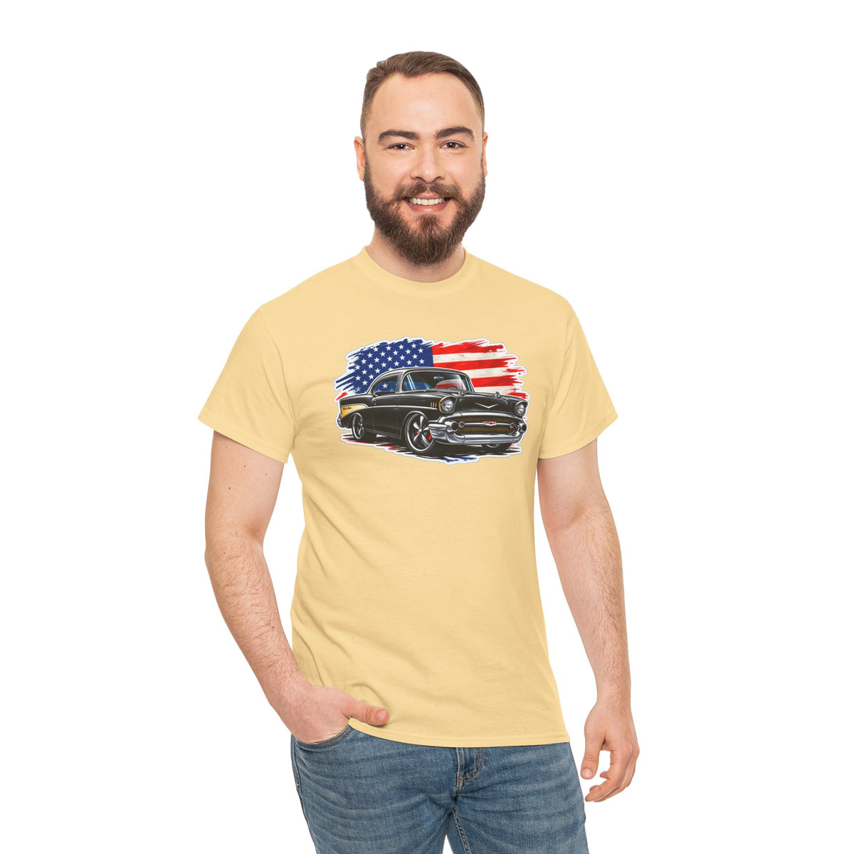 American Muscle Car T‑Shirt — Classic Vintage Car with USA Flag