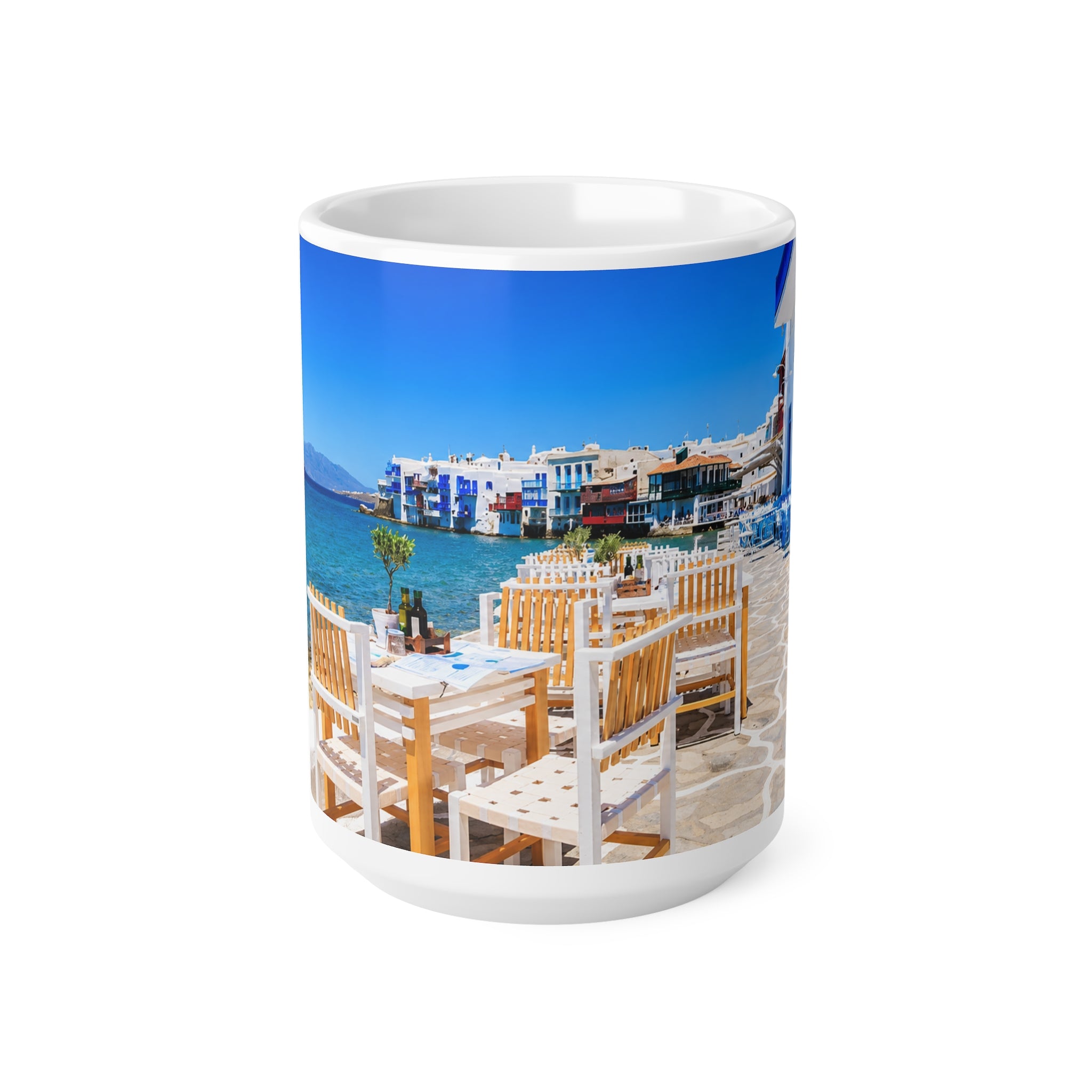 Mediterranean Seaside Photo Mug — Scenic Beach Cafe Ceramic Coffee Cup (11oz, 15oz)