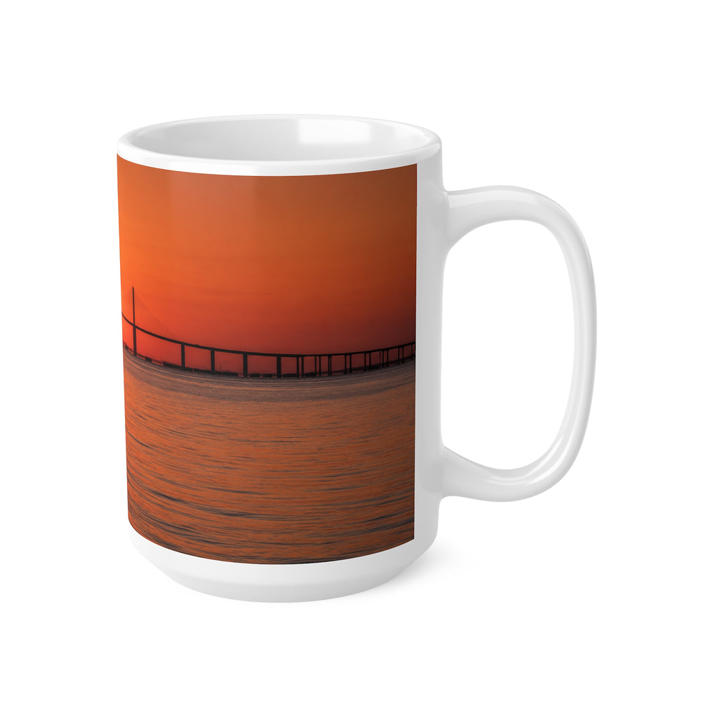 Skyway Sunset Bridge Ceramic Coffee Mug — Orange Seascape 11oz & 15oz