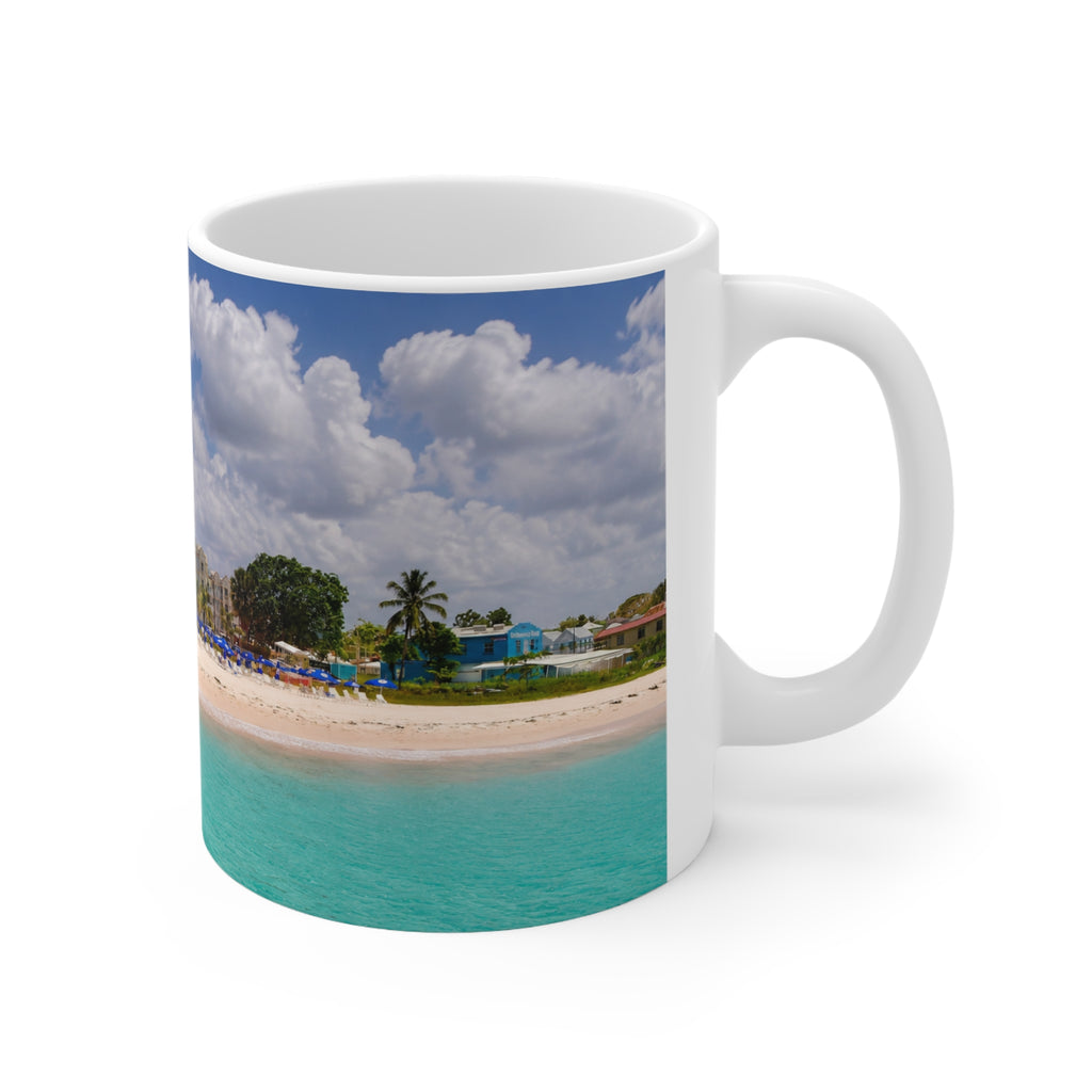 Barbados Tropical Beach Photo Mug — Scenic Dock Over Turquoise Water, 11oz & 15oz Ceramic Coffee Cup