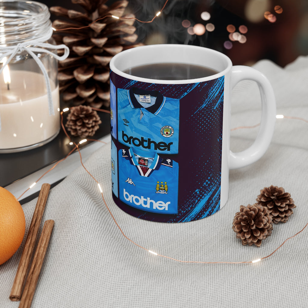 Manchester City Vintage Kit Pattern Coffee Mug — Retro Sky Blue Football Shirt Design, 11oz & 15oz