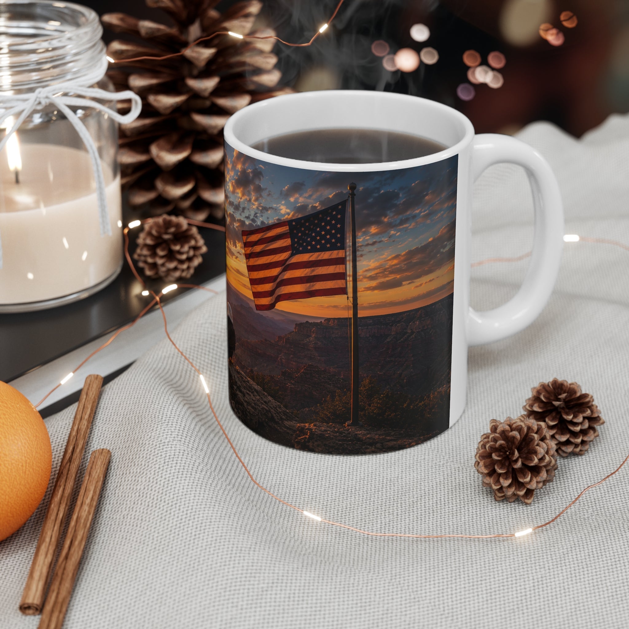 Patriotic Eagle Sunrise Coffee Mug — American Flag Scenic 11oz/15oz Ceramic