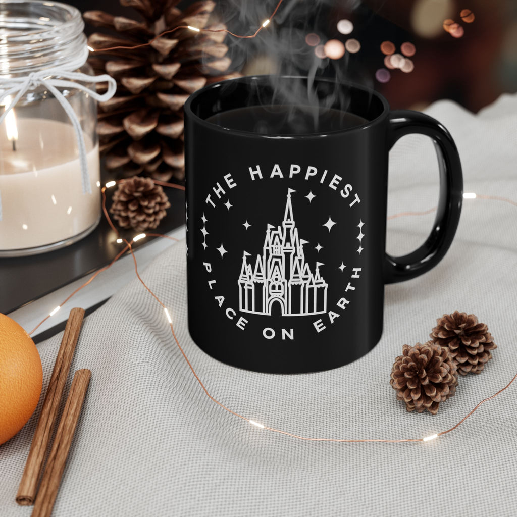 Black Castle Mug — "The Happiest Place on Earth" Ceramic Coffee Cup (11oz/15oz)