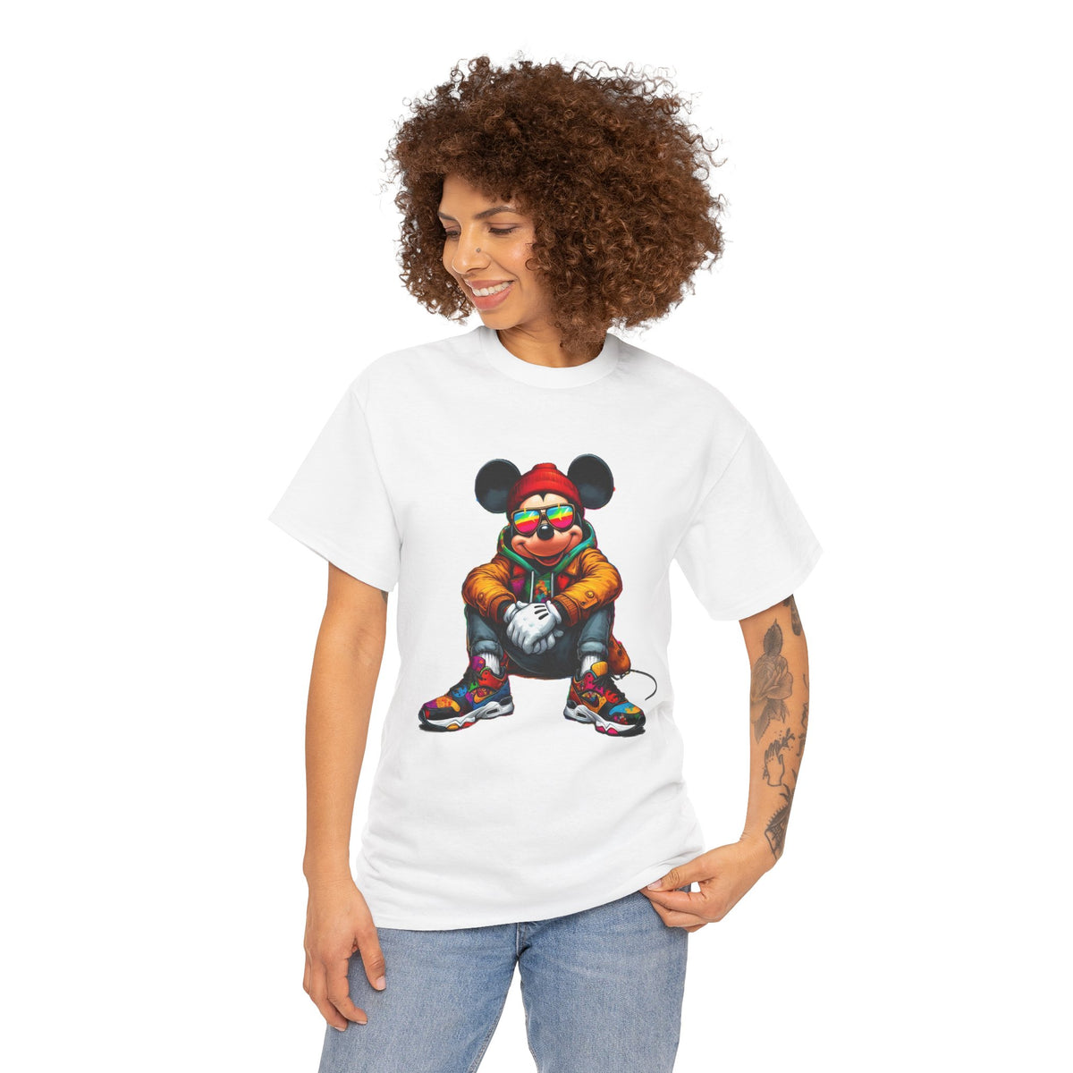Mickey Mouse Streetwear Graphic Tee — Hip-Hop Mouse Character Sitting in Sneakers