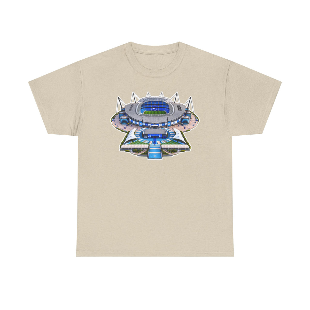 Manchester City Etihad Stadium Illustration T-Shirt — Retro Soccer Arena Graphic Tee