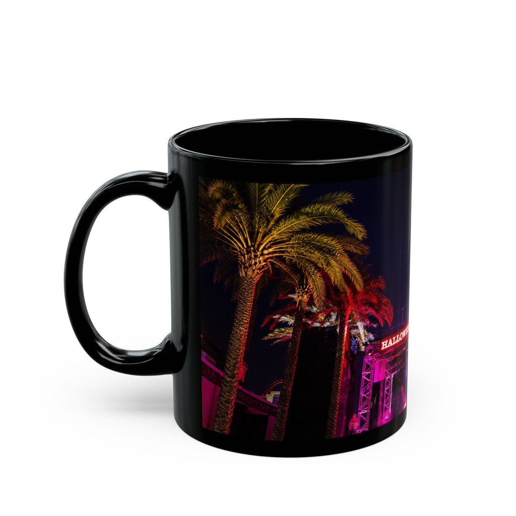 Halloween Horror Nights Black Mug — Neon Palm Nightscape (11oz/15oz)