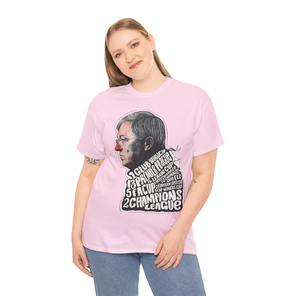 SIr Alex Ferguson Achievements Vintage Football Manager Profile Tee — Illustrated Head with Trophy Text Design