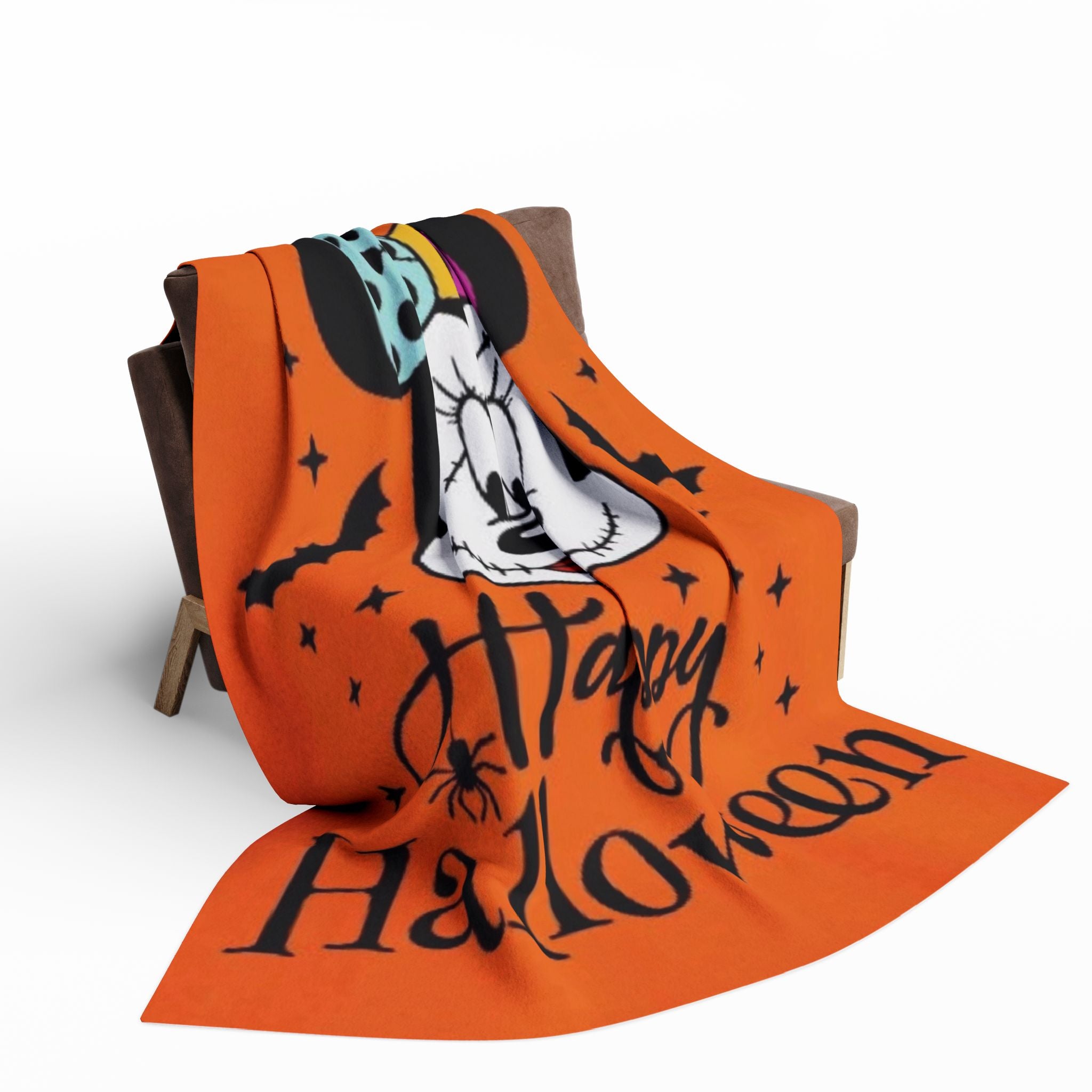 Halloween Minnie Mouse Fleece Blanket – "Happy Halloween" Orange Cozy Throw