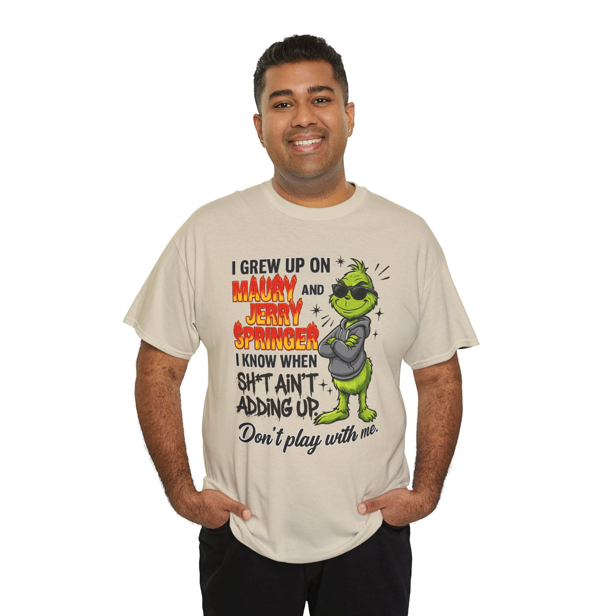 Grinch Cartoon Tee — "I Grew Up on Maury and Jerry Springer" Funny Holiday Shirt