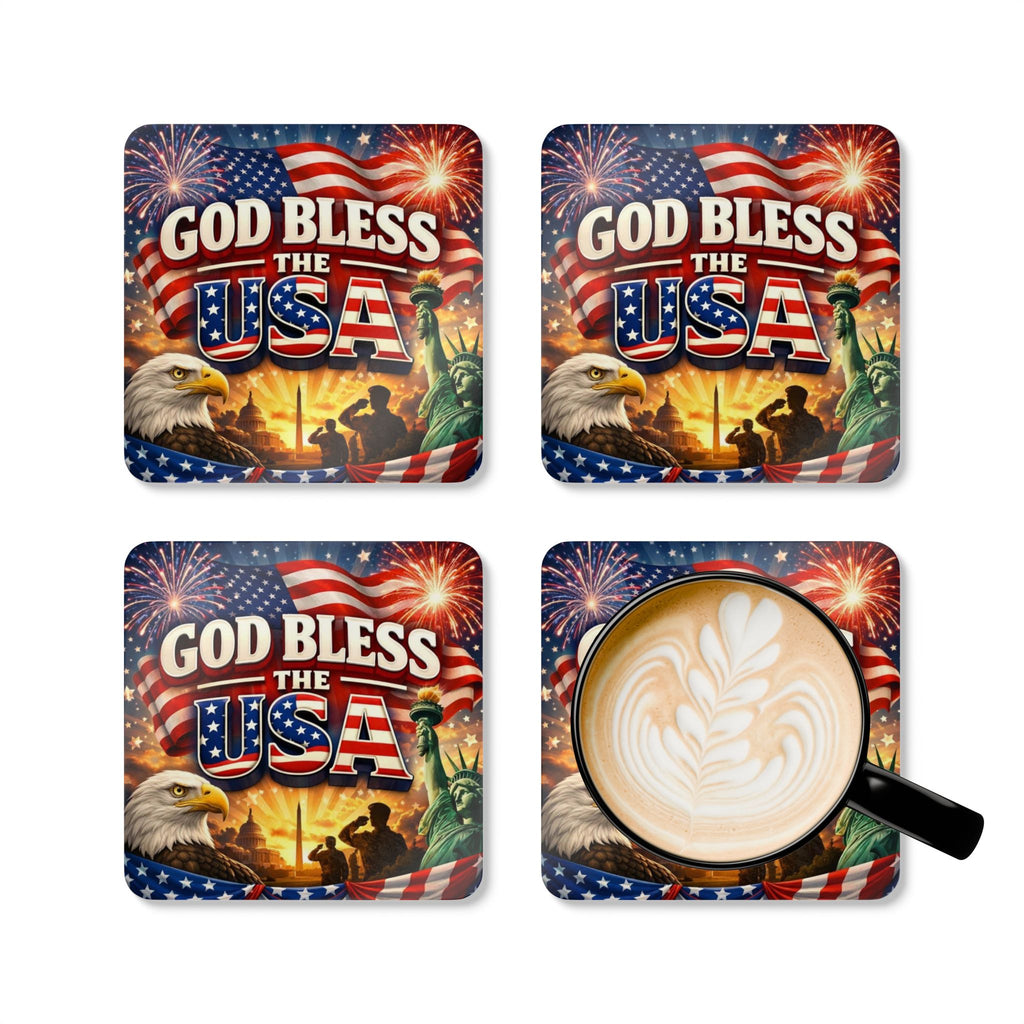 God Bless the USA Corkwood Coaster Set – Patriotic American Flag Eagle Statue of Liberty Design