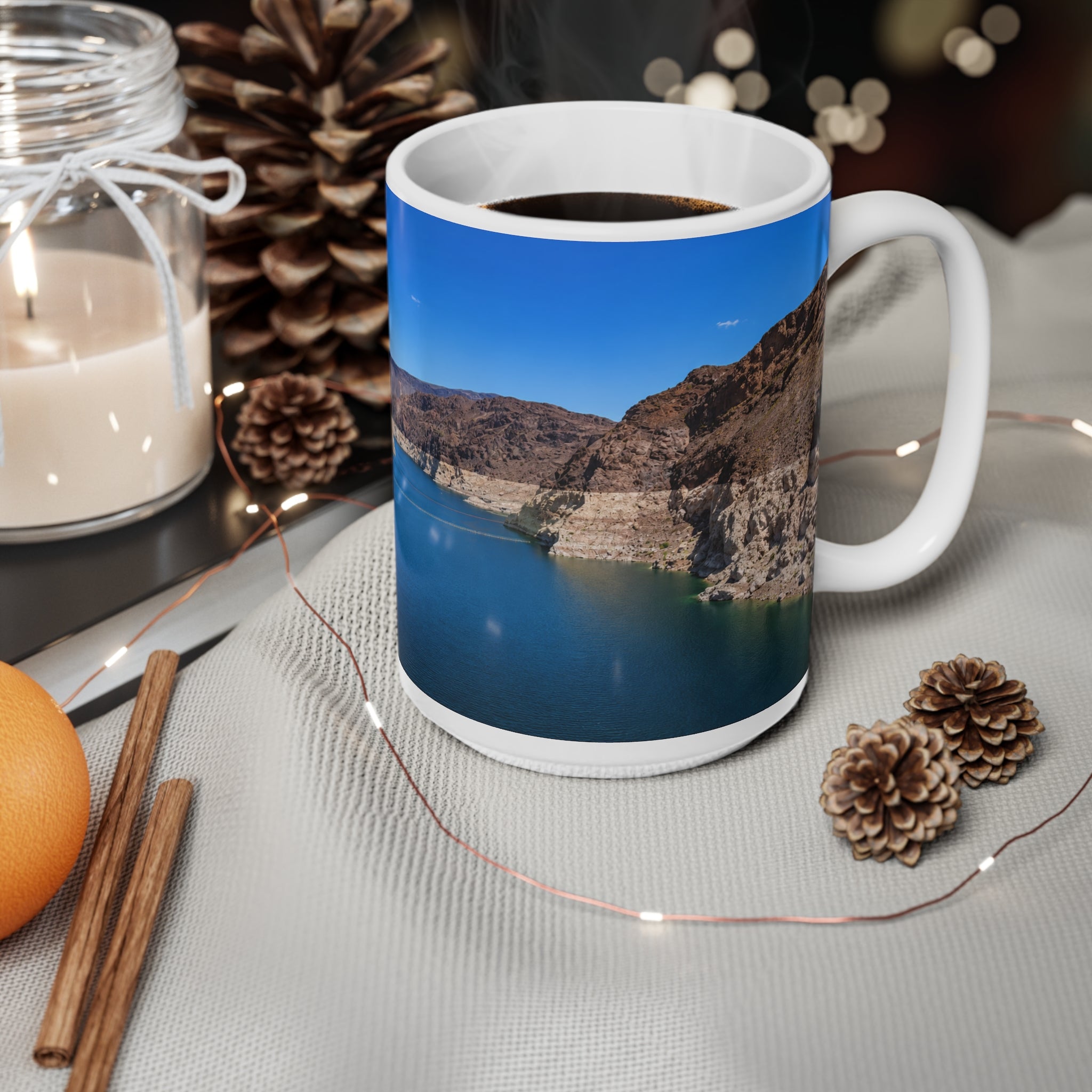 Desert Canyon Lake Photo Mug — Scenic Blue Waters Ceramic Coffee Cup (11oz & 15oz)