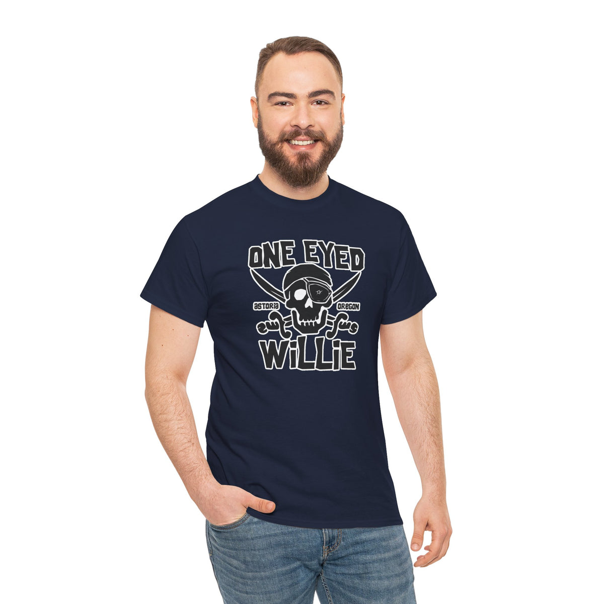One Eyed Willie Pirate Skull Tee — Retro Nautical Adventure Graphic Shirt