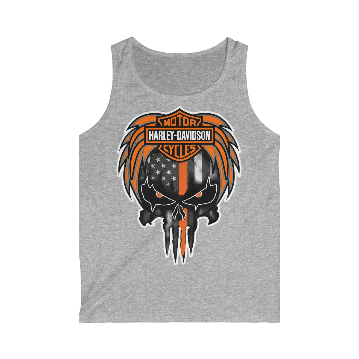 Harley-Davidson Skull Tank Top — American Flag Orange & Black Biker Muscle Tee
