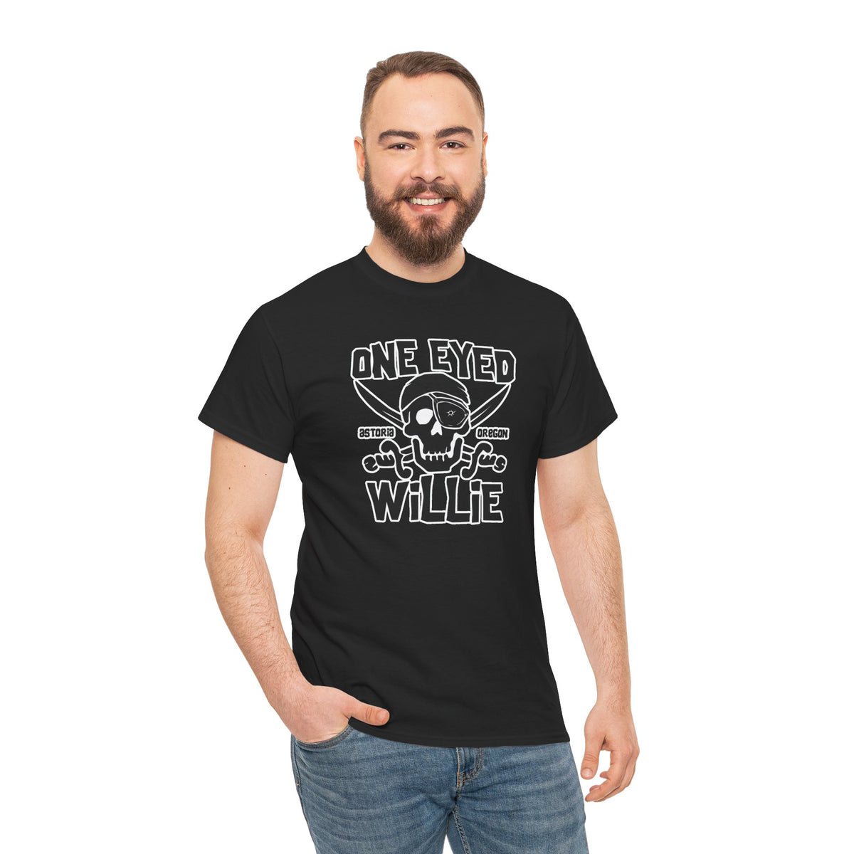 One Eyed Willie Pirate Skull Tee — Retro Nautical Adventure Graphic Shirt