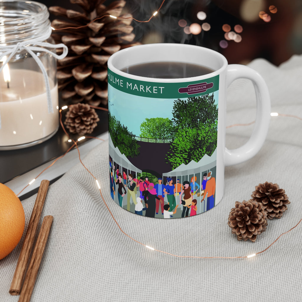 Levenshulme Market Ceramic Coffee Mug – 11oz & 15oz Illustrated Market Scene