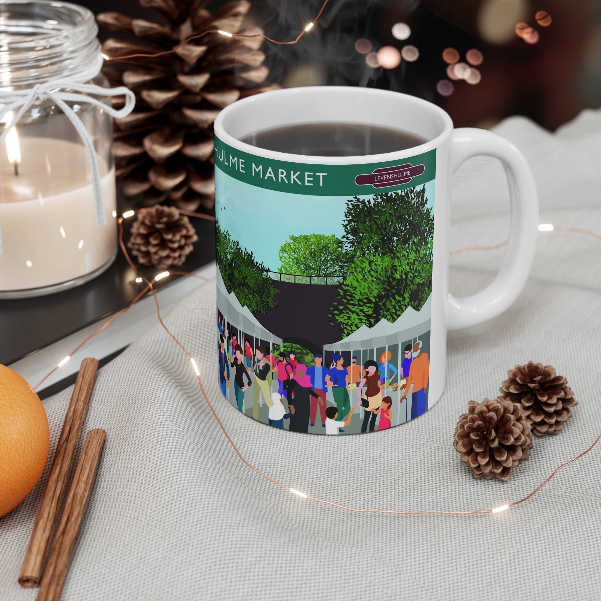 Levenshulme Market Ceramic Coffee Mug – 11oz & 15oz Illustrated Market Scene