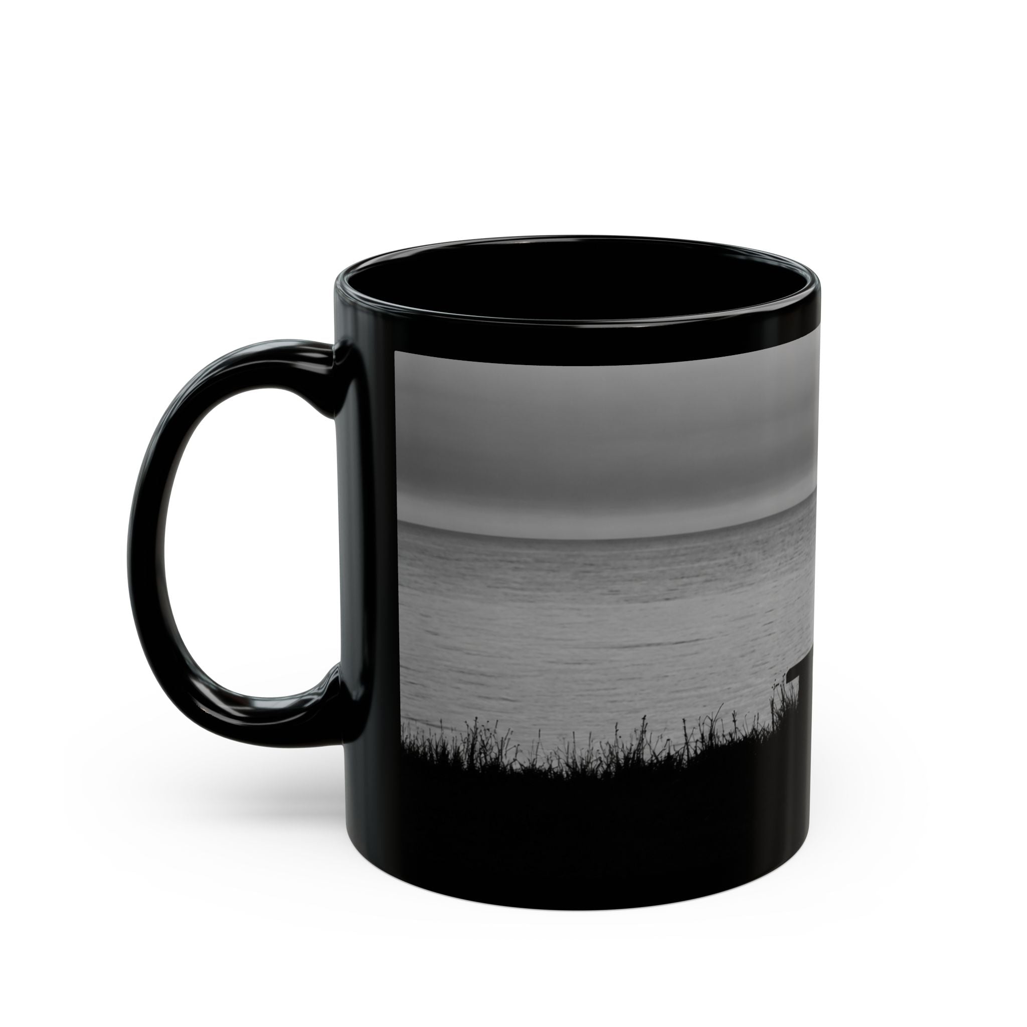 Silhouette by the Sea Black Coffee Mug — Reflective Ocean Sunset Gift (11oz, 15oz)