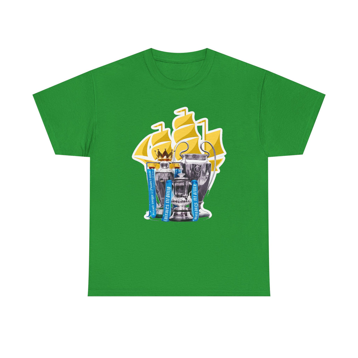 Manchester City Champions Trophy Tee – Golden Cups & Blue Scarves Football Fan Shirt