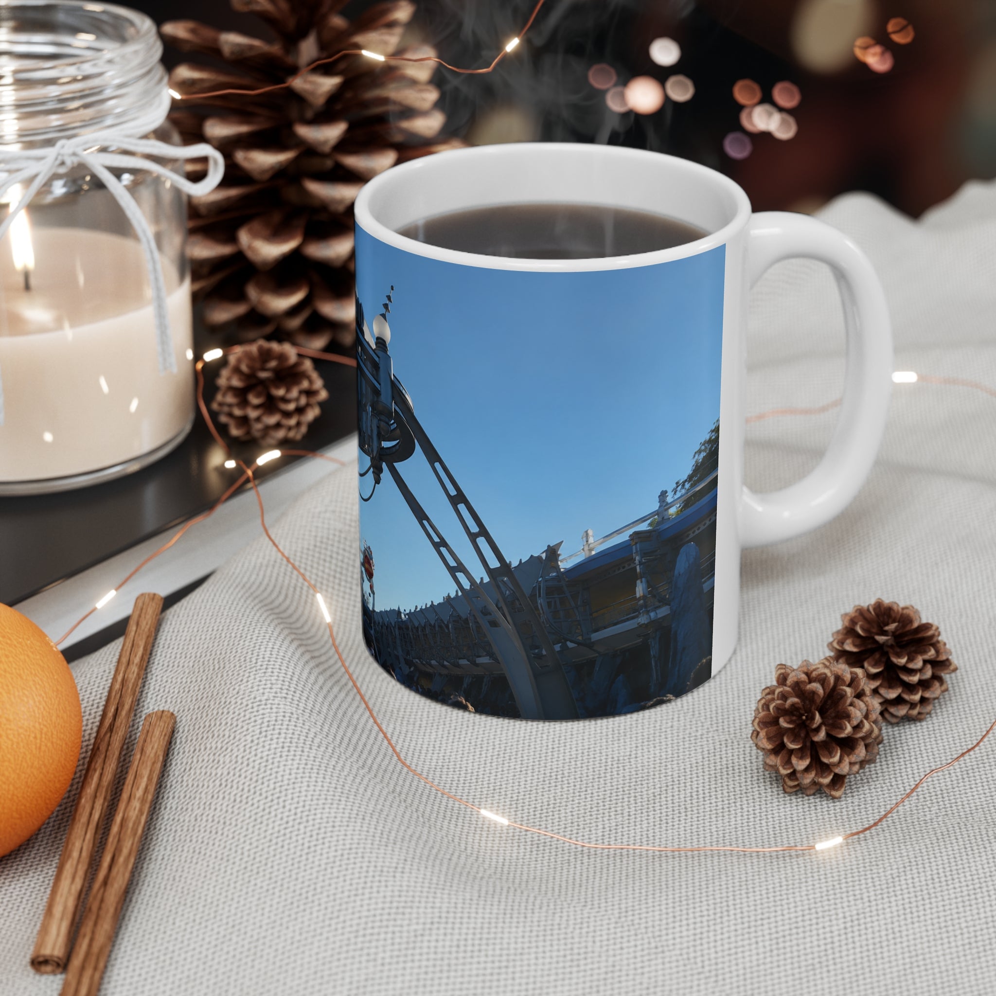 Tomorrowland Sign Photo Ceramic Mug — Vintage Carnival Sky Coffee Cup (11oz/15oz)
