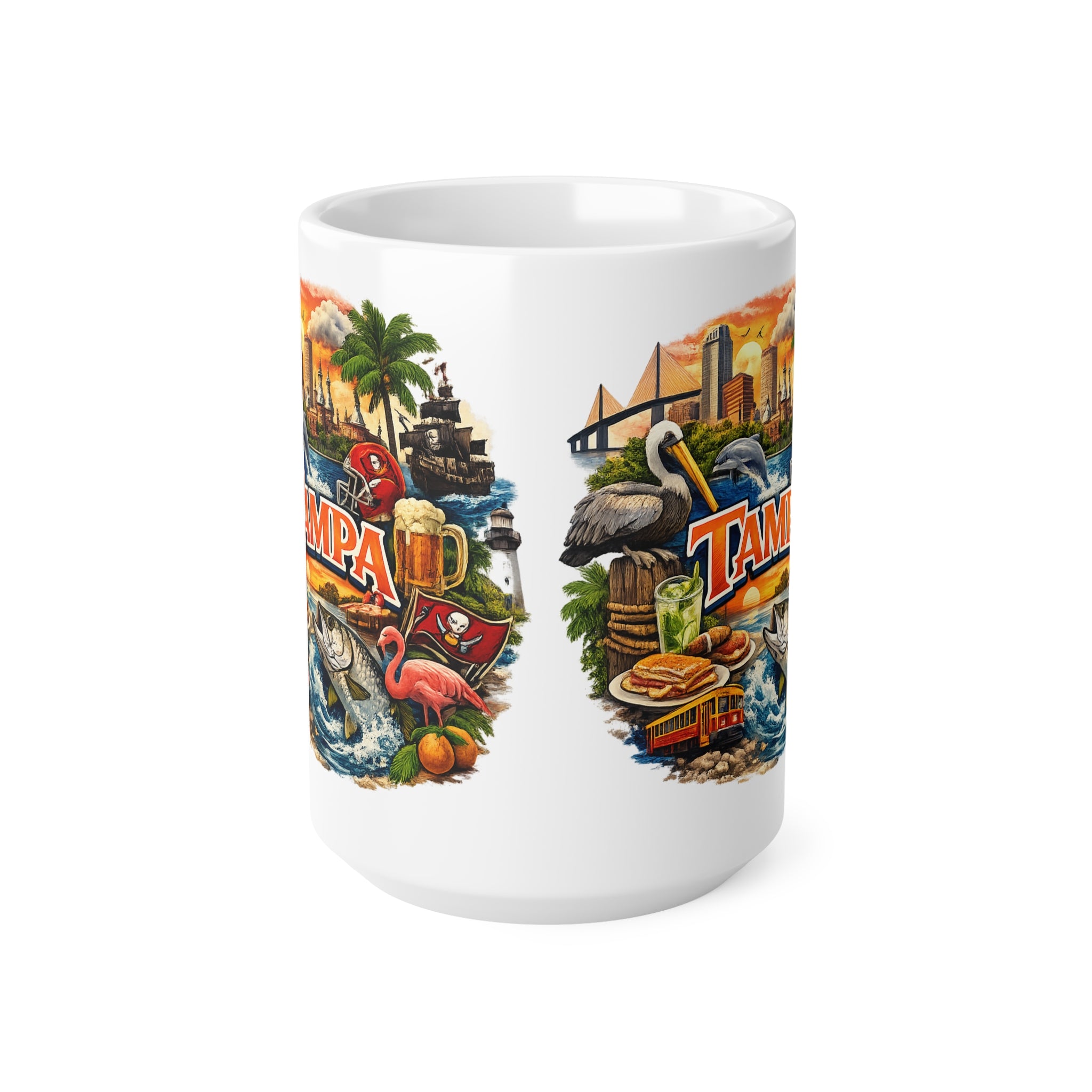 Tampa Cityscape Ceramic Coffee Mug — 11oz & 15oz Souvenir Mug with Skyline, Pelican & Tropical Icons